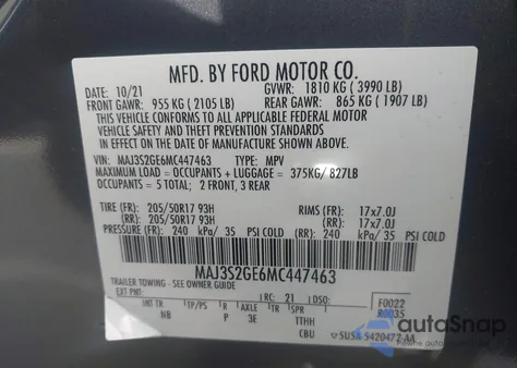 2021 Ford Ecosport Se z USA, uszkodzony, nr VIN MAJ3S2GE6MC447463